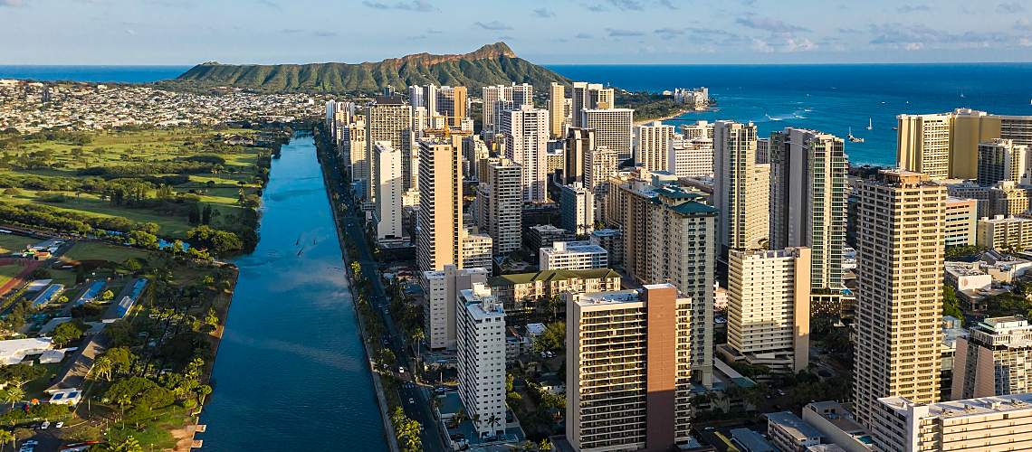 Ala Wai Canal in downtown Honolulu, Hawaii Canal, Hawaii.