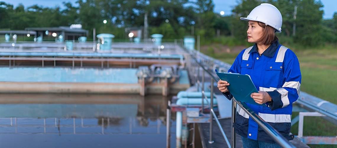 Environmental engineers work at wastewater treatment plants.