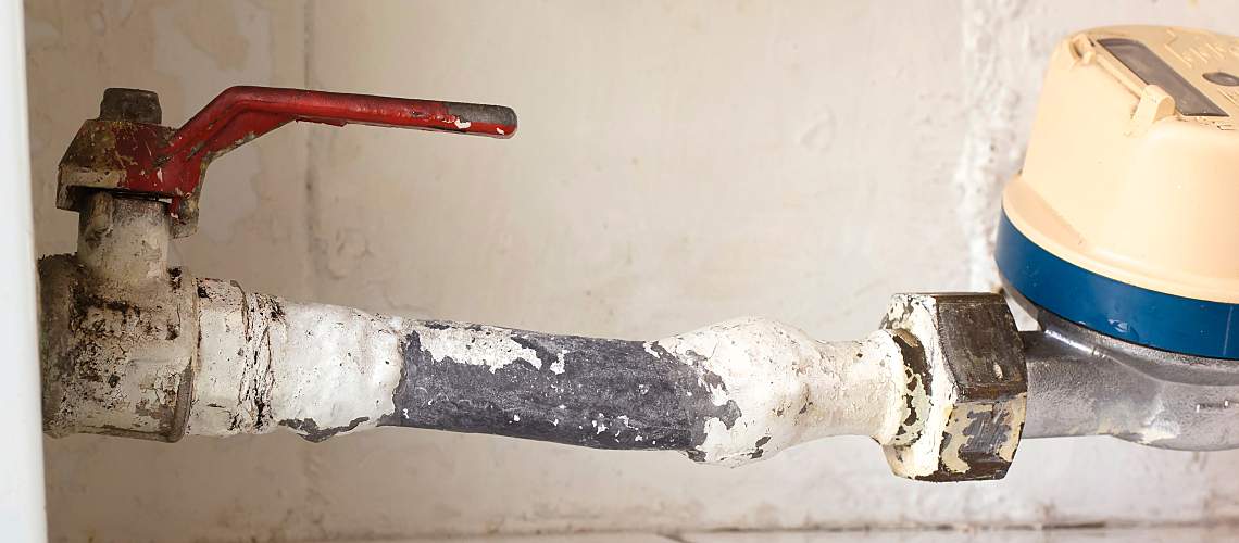 An old lead pipe with a red shut-off valve.