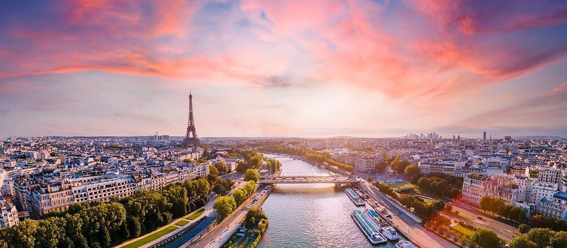 Paris aerial panorama with river Seine and Eiffel Tower.