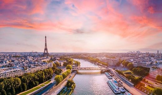 Paris aerial panorama with river Seine and Eiffel Tower.