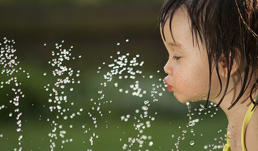 Young toddler drinking from a water sprinkler in her backyard.