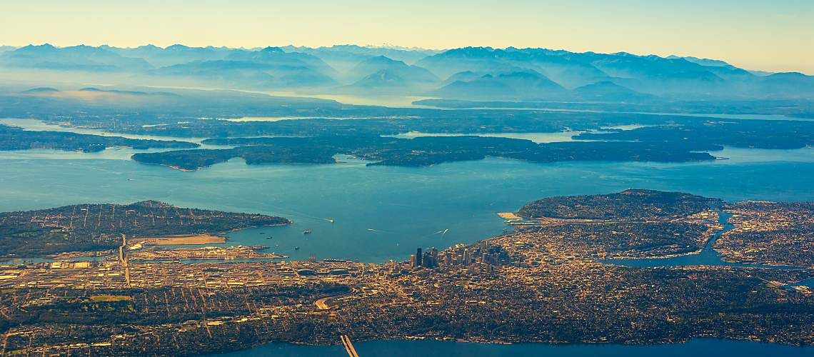 Aerial view of Seattle and Puget Sound.