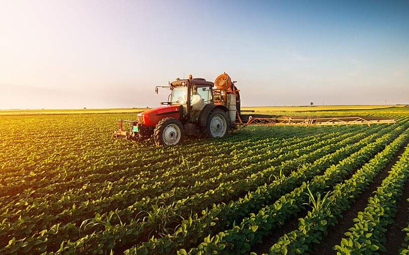 A tractor spraying a soybean field with chemicals.