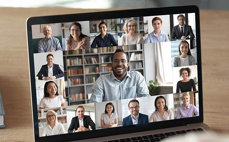 A group of employees on a video conference.