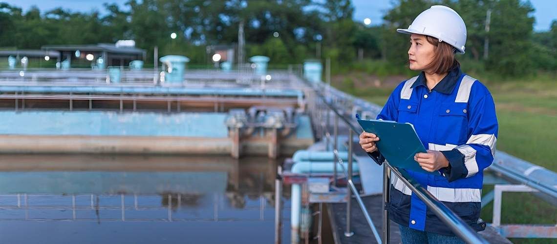 Environmental engineers work at wastewater treatment plants.