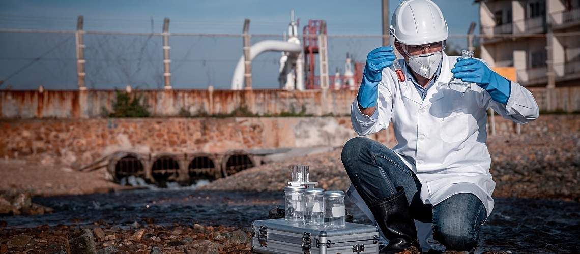 Scientist tests for water pollution at an industrial site.