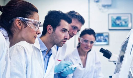 Laboratory technicians looking at test results.