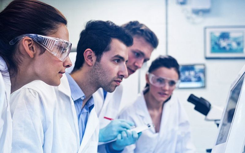 Laboratory technicians looking at test results.