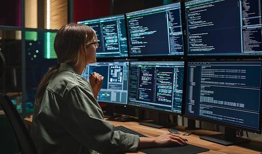A person sits in front of a large computer monitor.