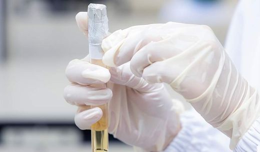 A gloved hand holding taped vial sample.