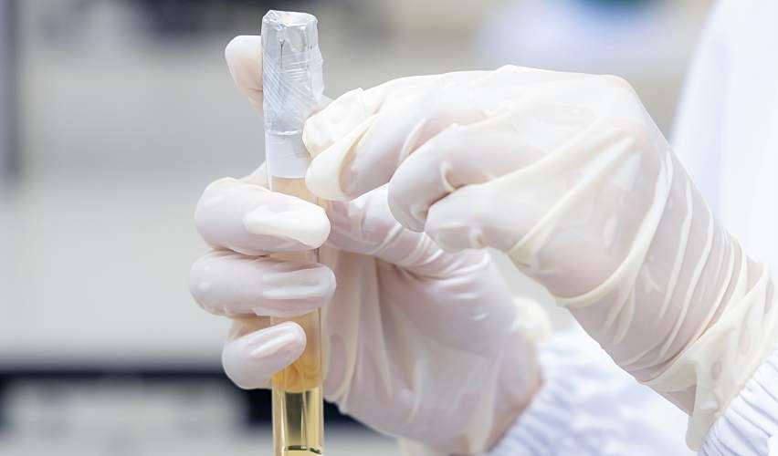 A gloved hand holding taped vial sample.