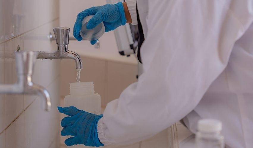 A gloved lab worker takes a drinking water sample from a tiled sink.