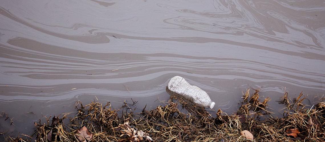 Floating water bottle in a polluted stream