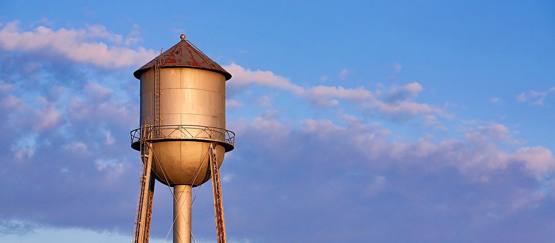 A metal water tank in the Midwest.