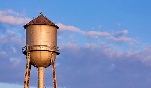 A metal water tank in the Midwest.