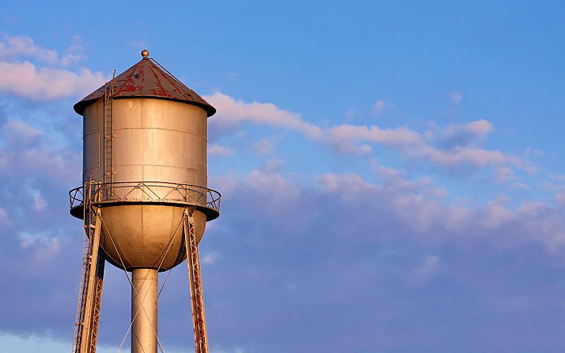 A metal water tank in the Midwest.