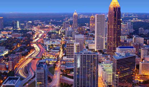 Photo of downtown Atlanta at night.