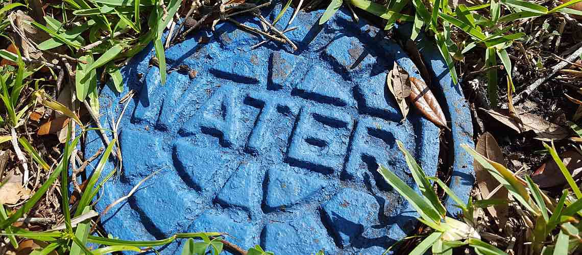 In-ground water cover painted blue surrounded by grass.