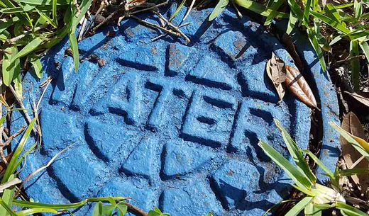 In-ground water cover painted blue surrounded by grass.