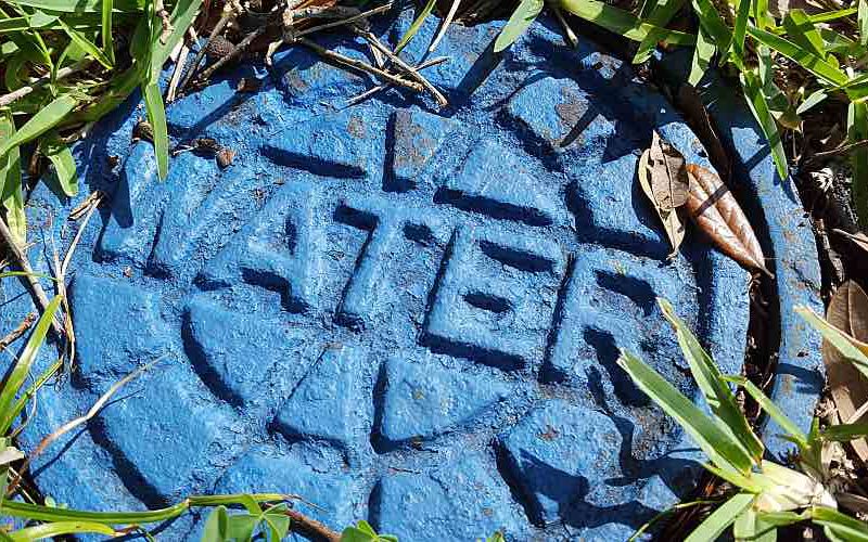 In-ground water cover painted blue surrounded by grass.