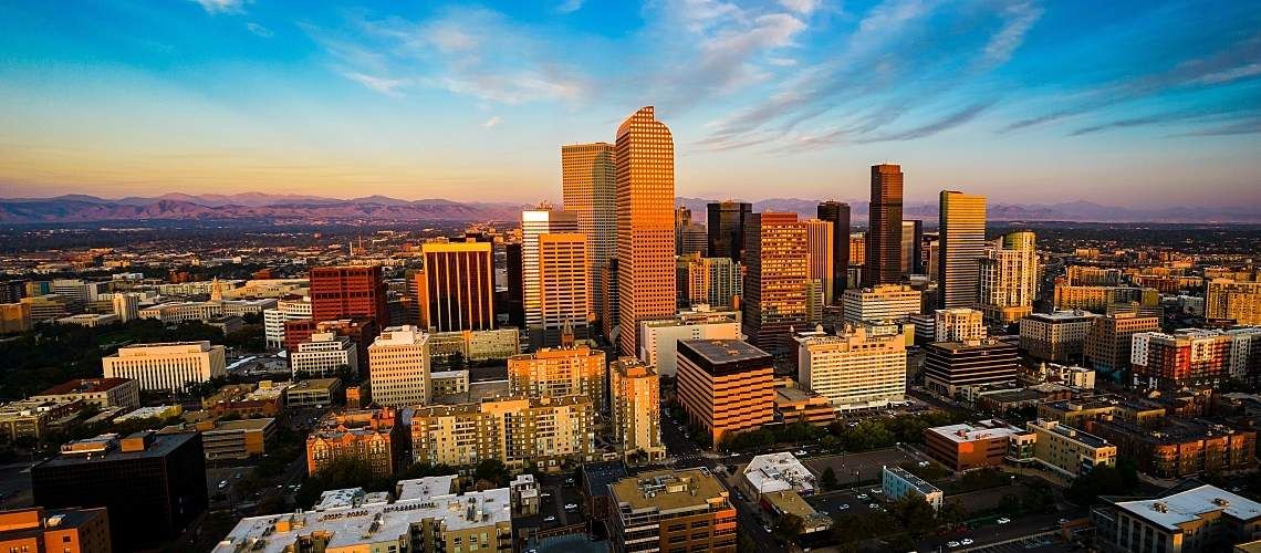 Drone view of the downtown Denver, Colorado skyline