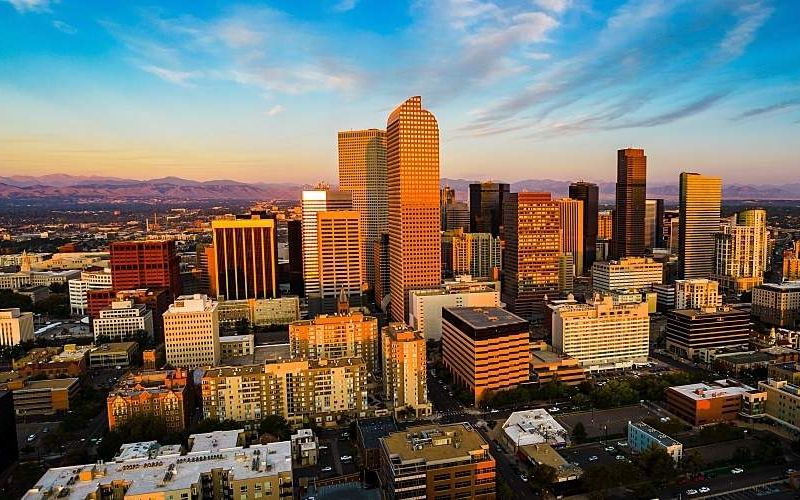 Drone view of the downtown Denver, Colorado skyline