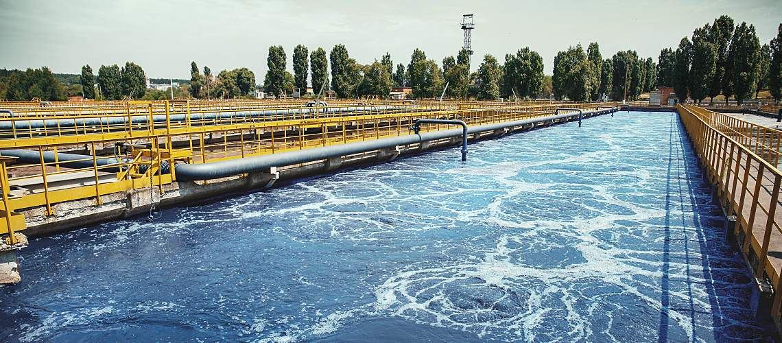 A reservoir for sewage at a wastewater treatment plant.