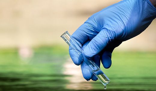 A hand in a latex glove holds a beaker.