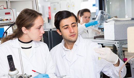 Members of a lab staff examine samples.