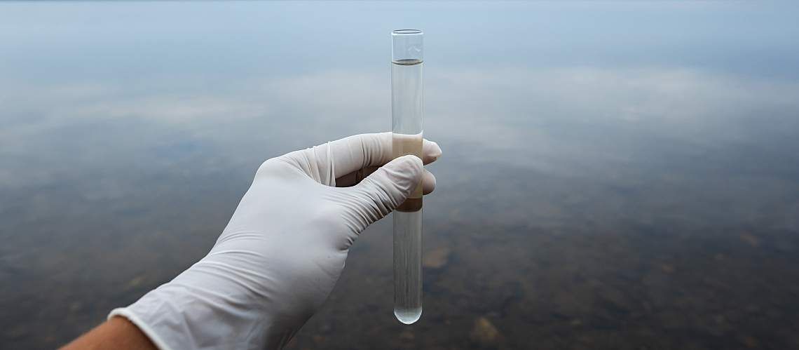A person's hand in a plastic glove holds a water sample.