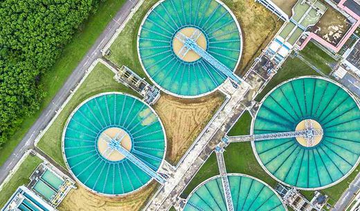 Aerial shot of wastewater treatment facilities.