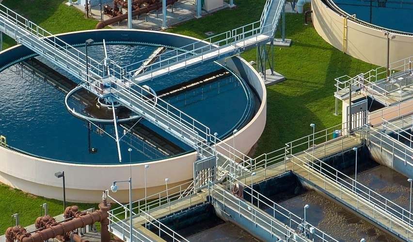 Aerial view of modern water treatment facility.