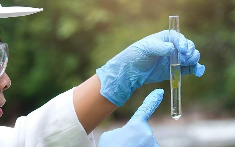 An environmentalist collects river water quality samples.