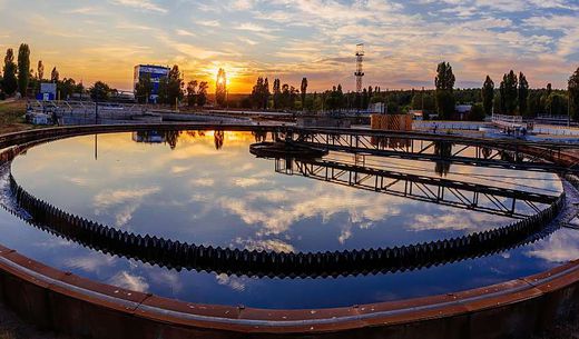 Wastewater purification tanks at a sewage treatment plant.