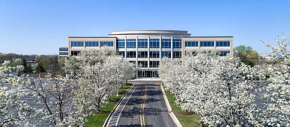 Building entrance with spring flowers.