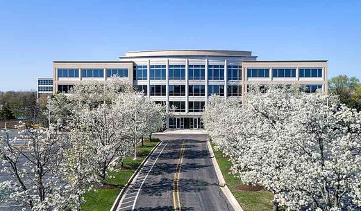 Building entrance with spring flowers.