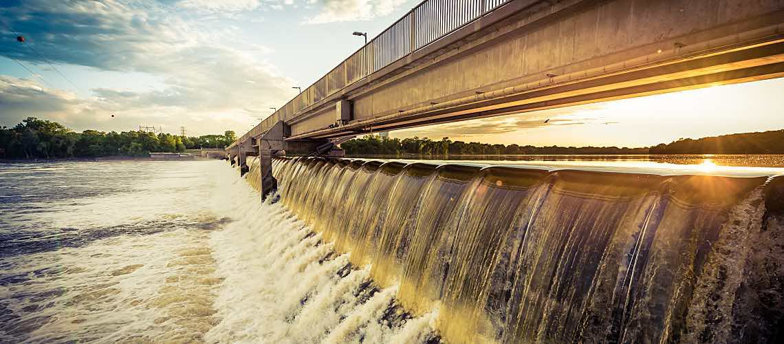 Public water dam system in a town.