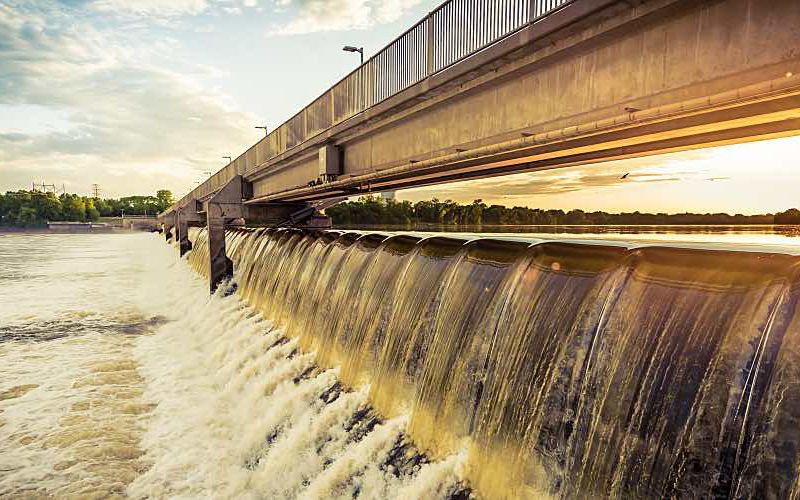 Public water dam system in a town.