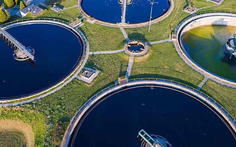 Aerial shot of a wastewater testing facility in an area with known COVID-19 infections.